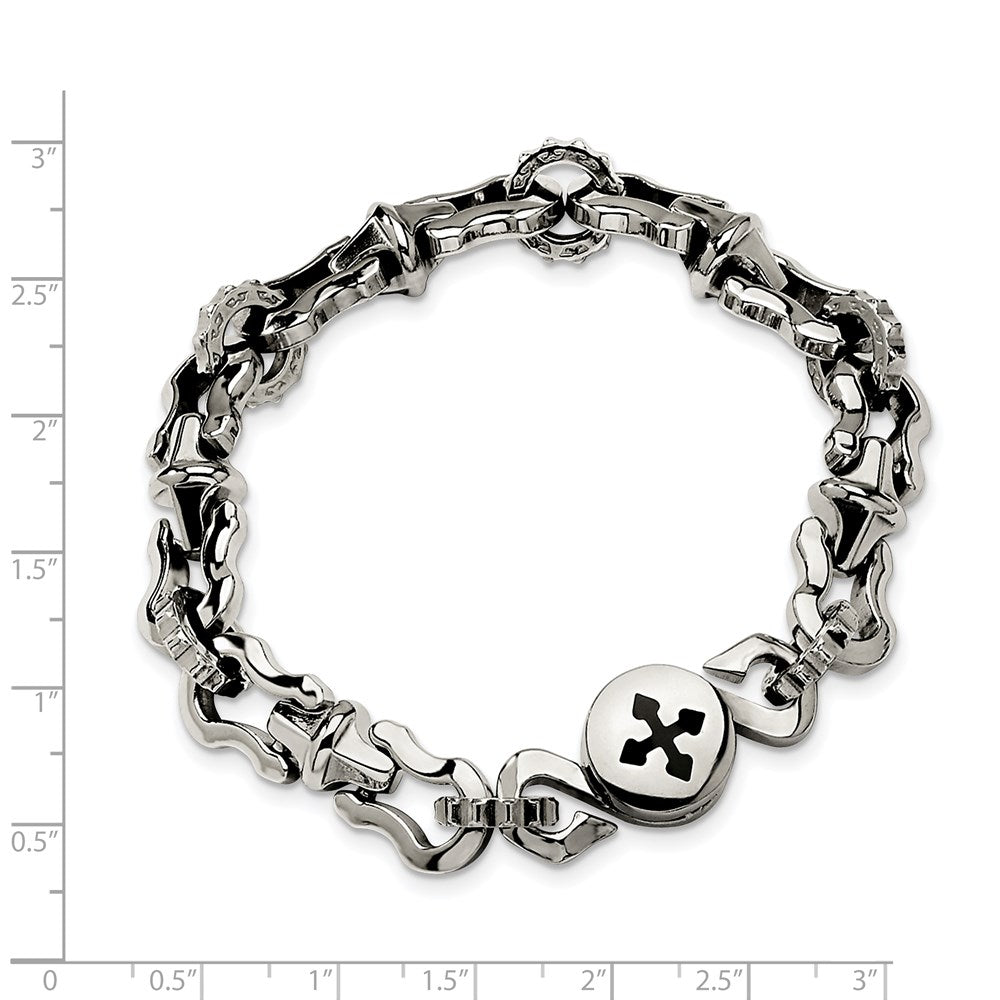 8.5 Inch Stainless Steel Polished With Black Rubber Cross 8.5In Bracelet