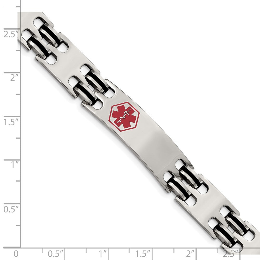 Stainless Steel Chisel Polished With Red Enamel And Black Rubber Medical Id 8.25 Inch Bracelet