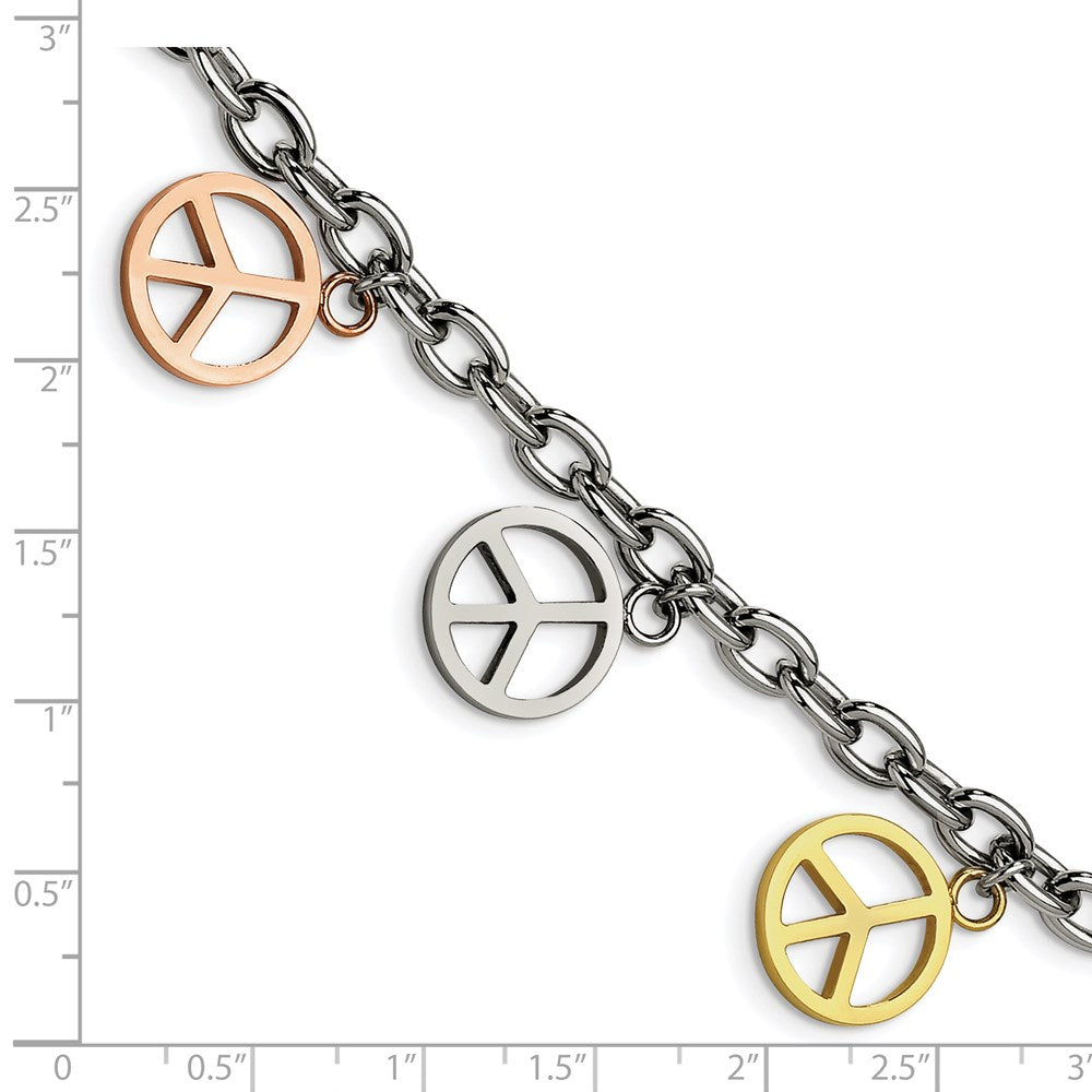 Stainless Steel Chisel Polished Rose And Yellow Ip-Plated Peace Sign Charms 8.5 Inch Bracelet