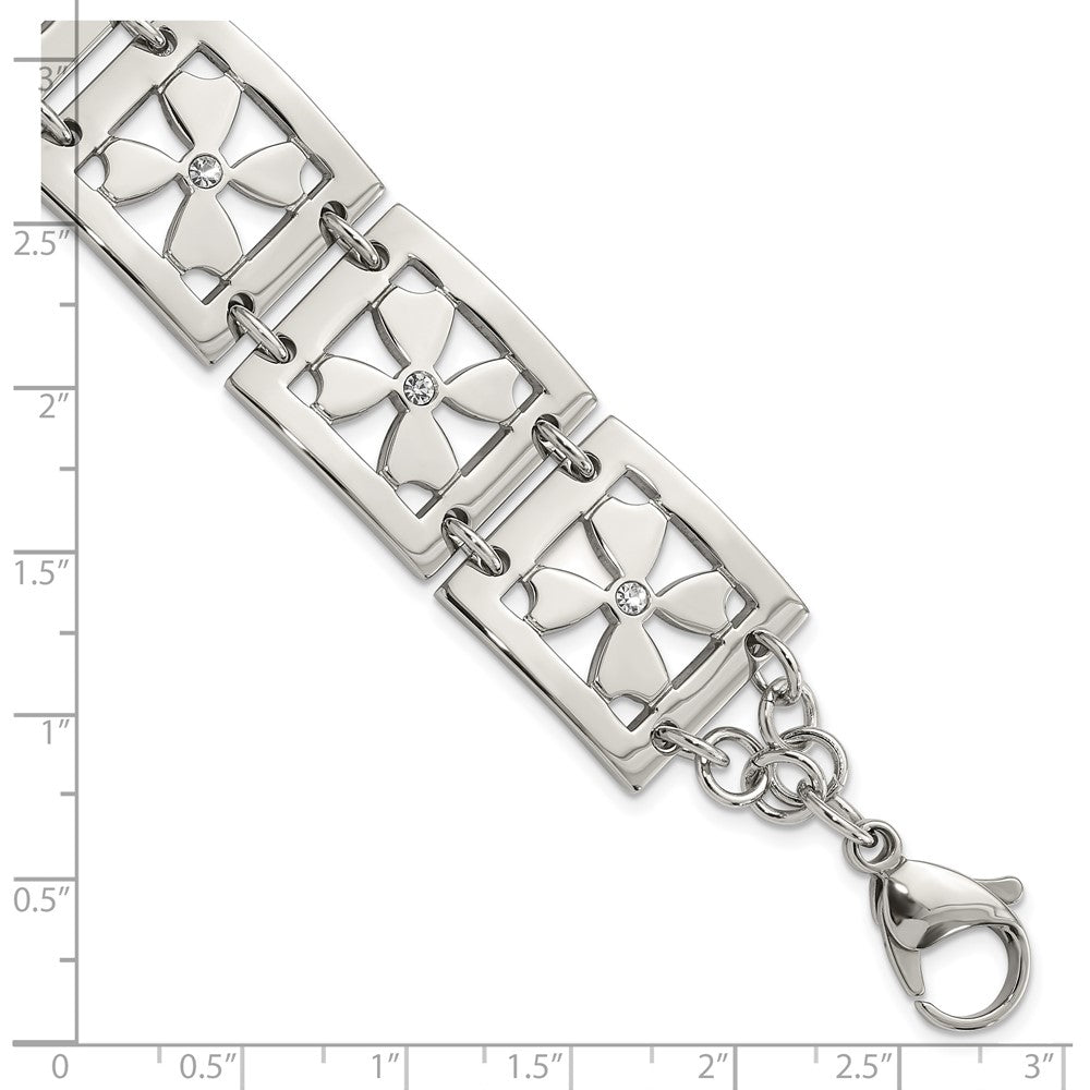 Stainless Steel Polished Cz Floral Square 8 Inch Bracelet