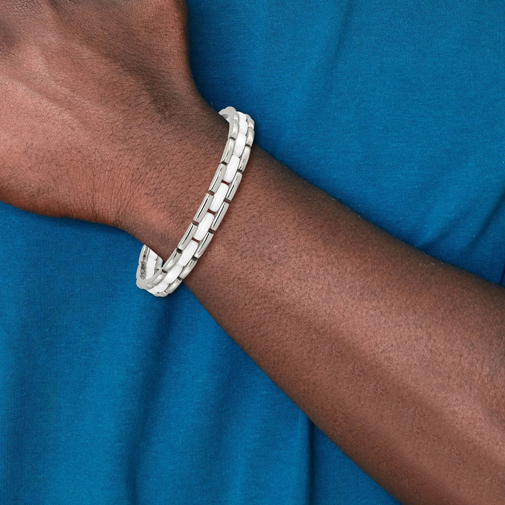 Stainless Steel Chisel Polished With White Ceramic 8 Inch Link Bracelet