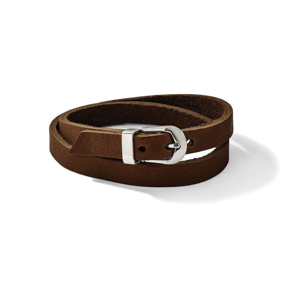 Stainless Steel Chisel Polished Brown Leather 8.5 Inch Adjustable Wrap Bracelet