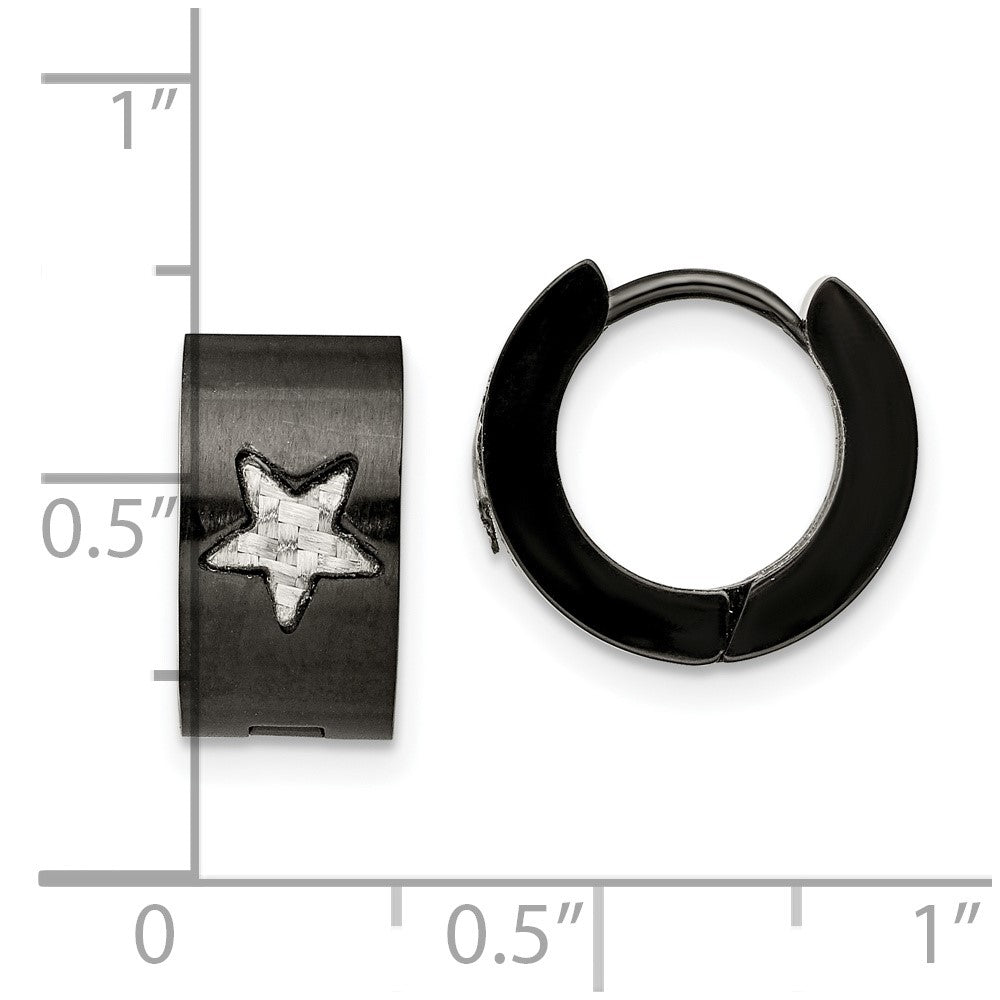 Stainless Steel Chisel Brushed Black Ip-Plated With Grey Carbon Fiber Star Hinged Hoop Earrings