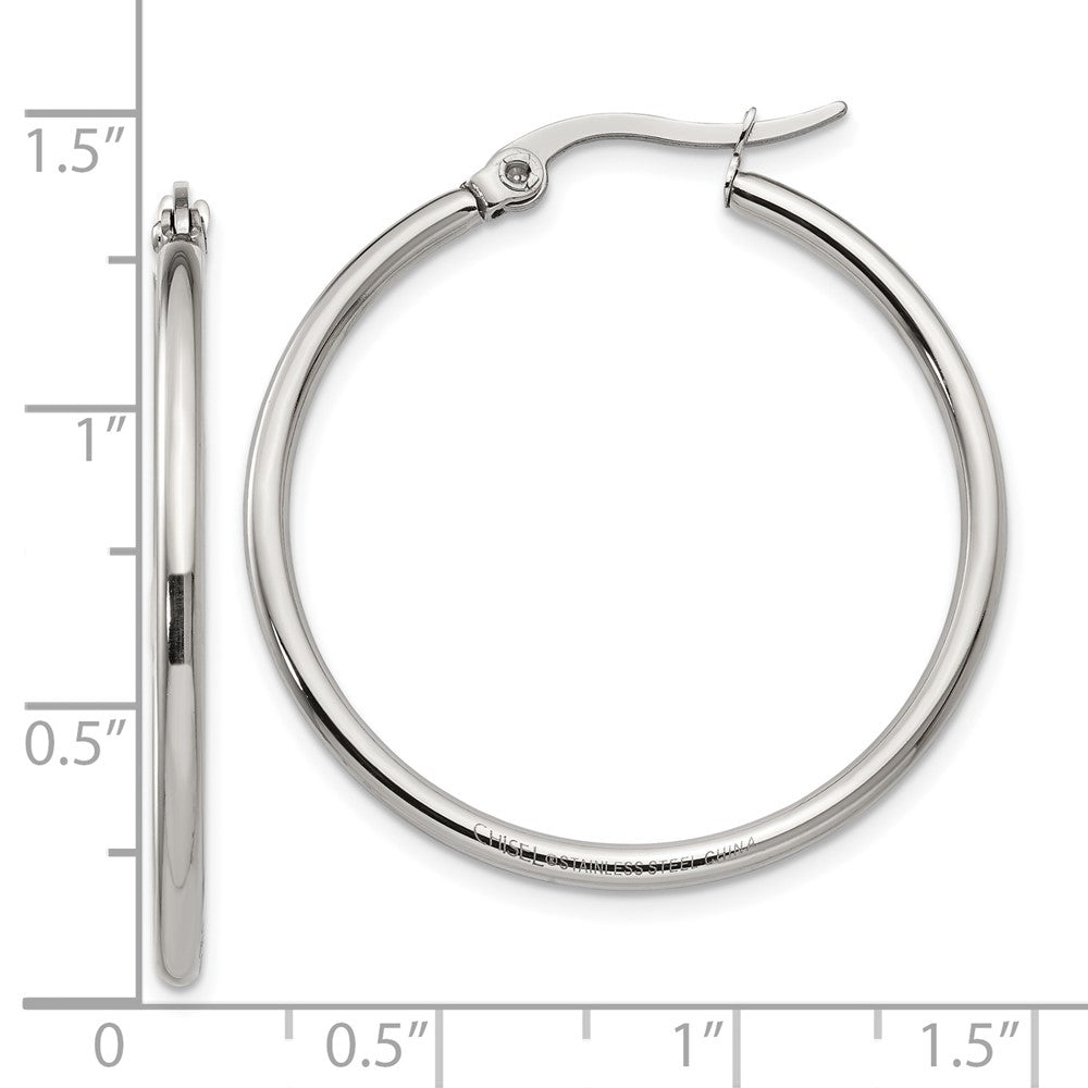 Stainless Steel Chisel Polished 32.5mm Diameter 2mm Hoop Earrings