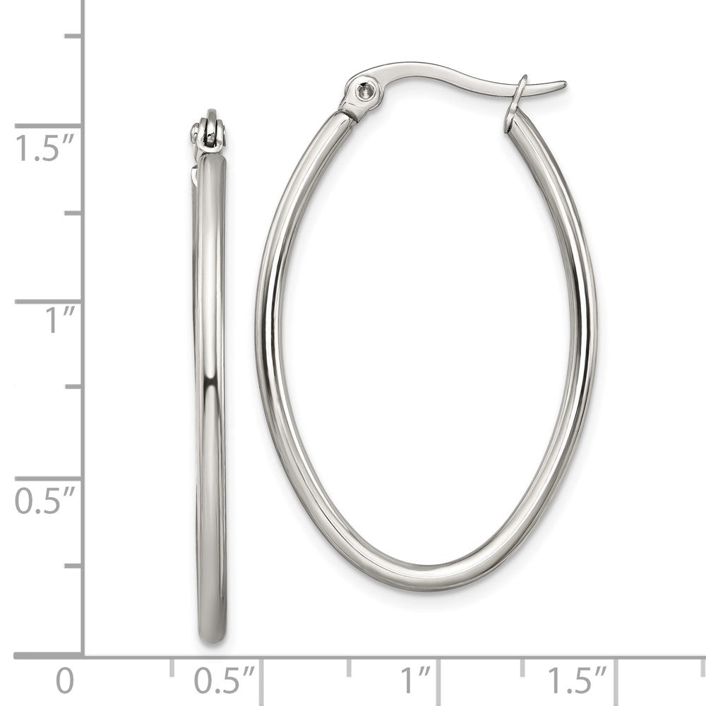 Stainless Steel Chisel Polished 25mm Diameter 2mm Oval Hoop Earrings