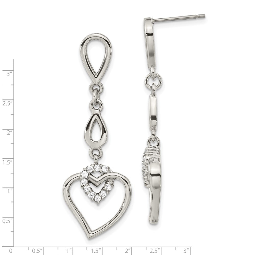 Stainless Steel Heart W/Cz Post Dangle Earrings