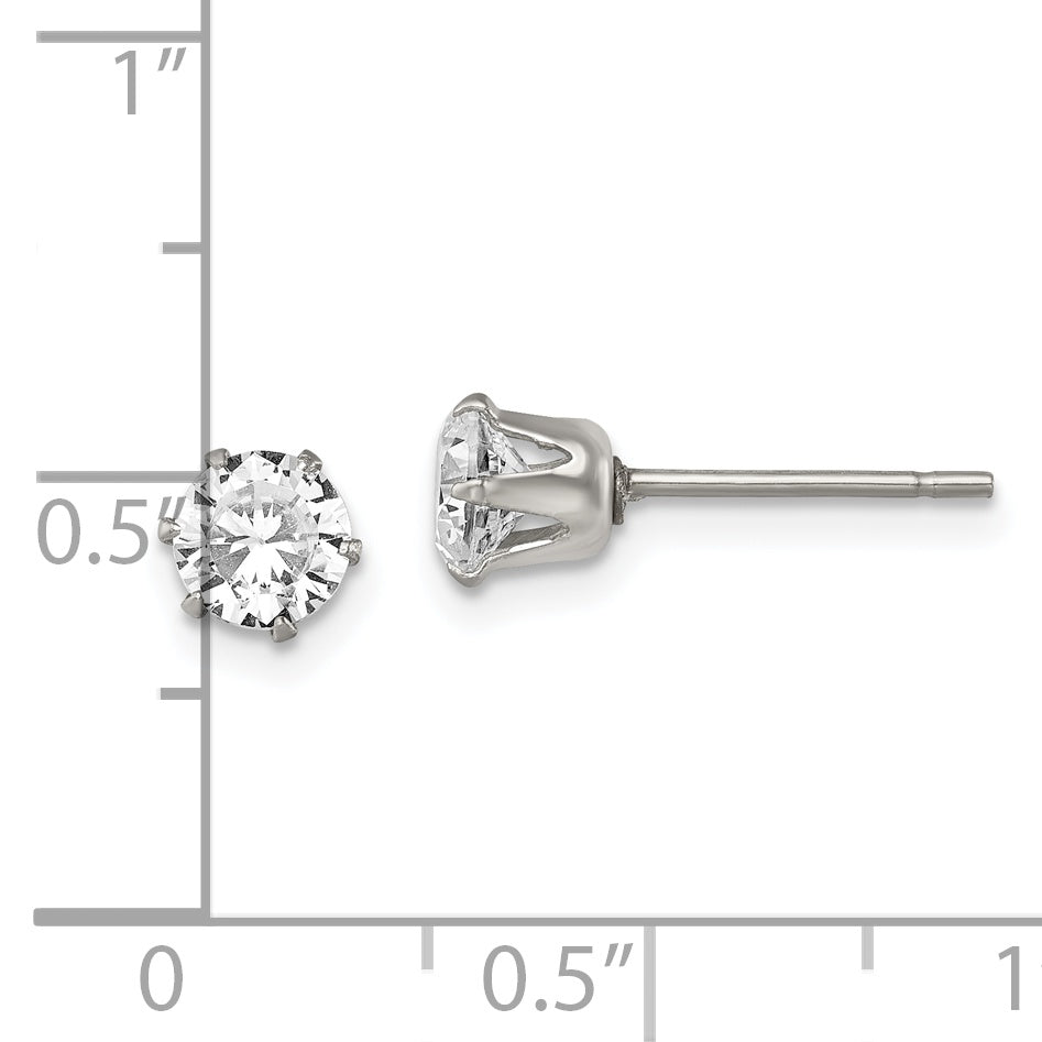 Stainless Steel Chisel Polished 5mm Round Cz Stud Post Earrings