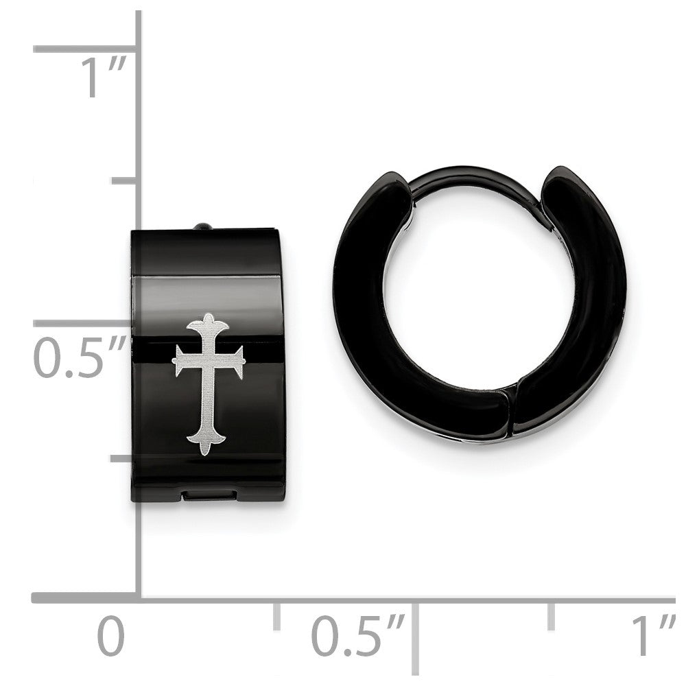 Stainless Steel Chisel Black Ip-Plated 7mm Hinged Hoop With Cross Earrings
