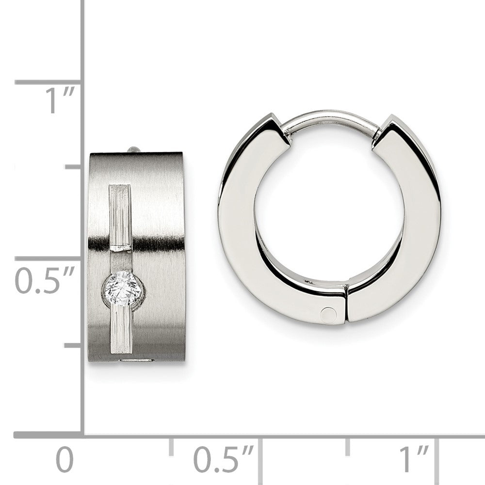 Stainless Steel Chisel Brushed And Polished With Cz 7mm Hinged Hoop Earrings