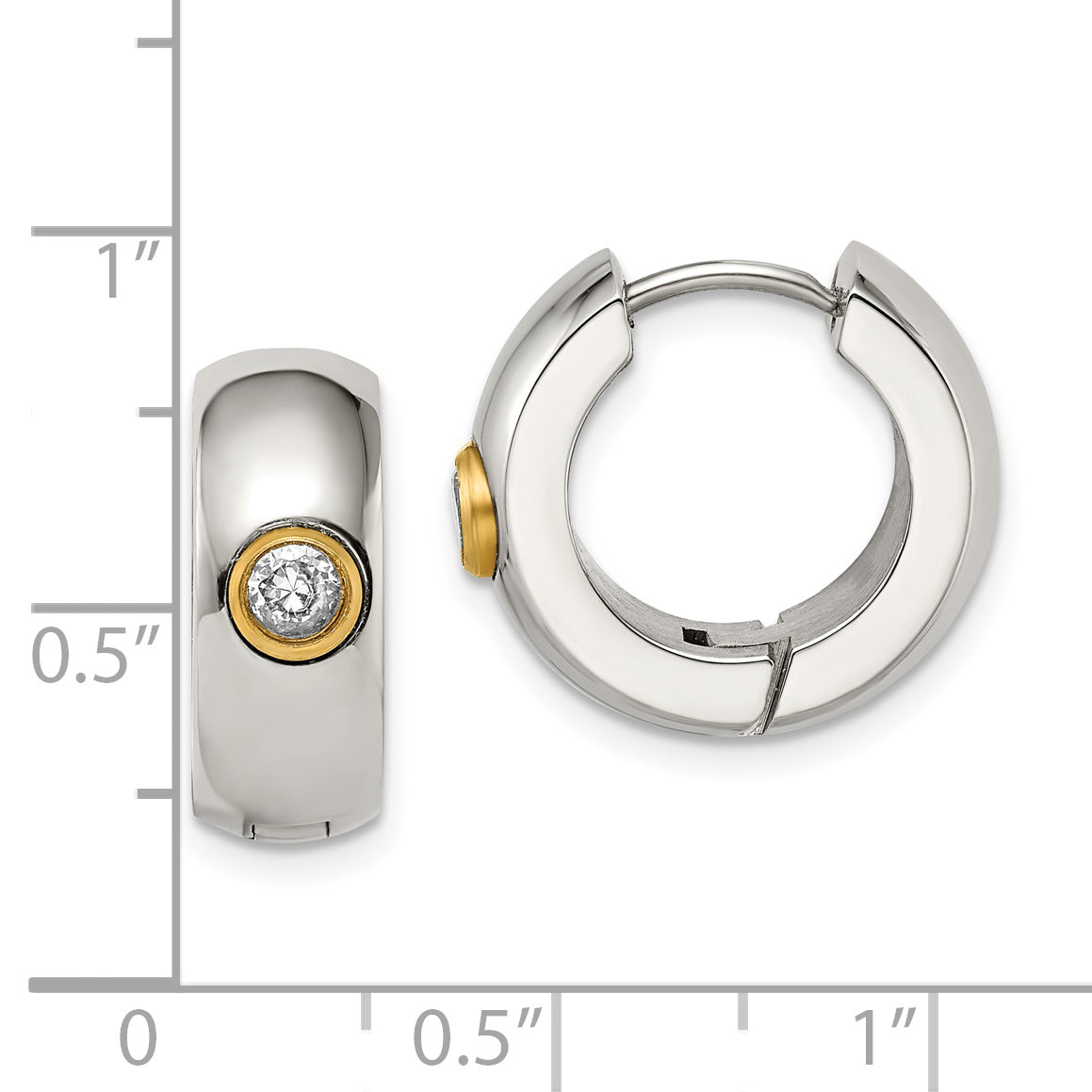 Stainless Steel Chisel Polished Yellow Ip-Plated With Cz 7mm Hinged Hoop Earrings