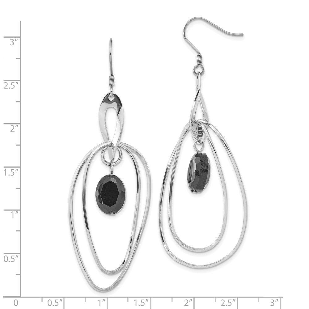 Stainless Steel Multiple Ovals With Black Glass Dangle Earrings