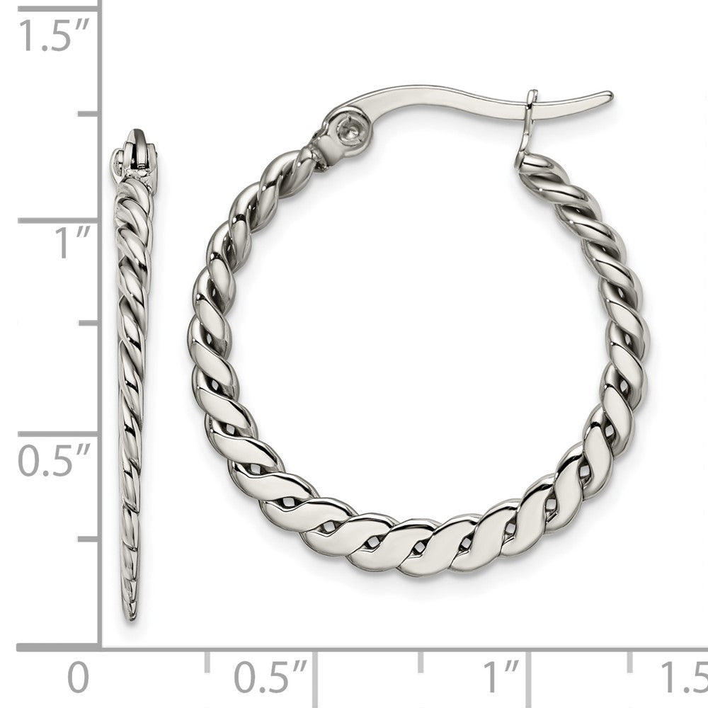 Stainless Steel Chisel Polished And Textured Braided Hoop Earrings