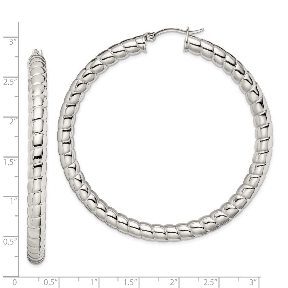 Stainless Steel Chisel Polished And Textured Hollow Hoop Earrings