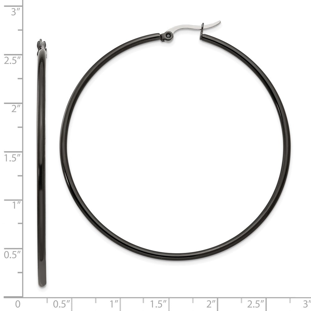 Stainless Steel Chisel Polished Black Ip-Plated 60mm Diameter 2mm Hoop Earrings
