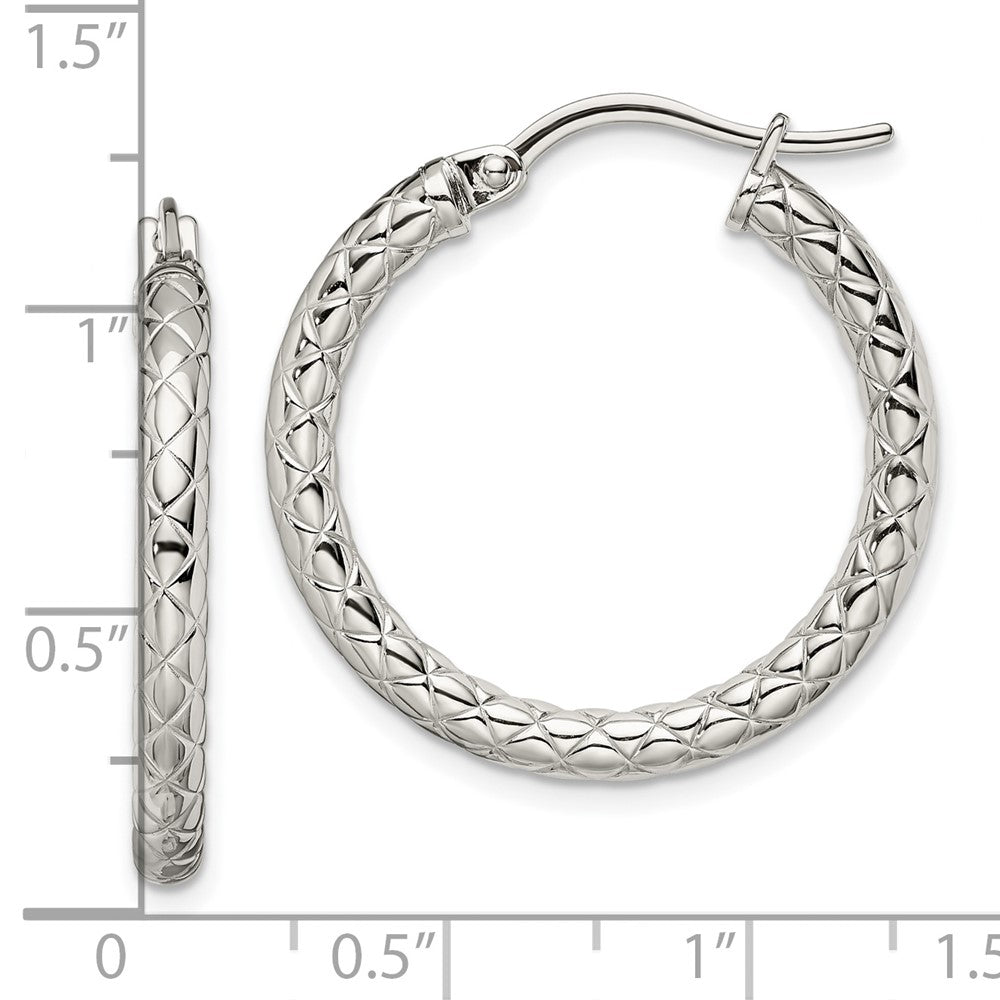 Stainless Steel Chisel Polished And Textured Hollow Hoop Earrings