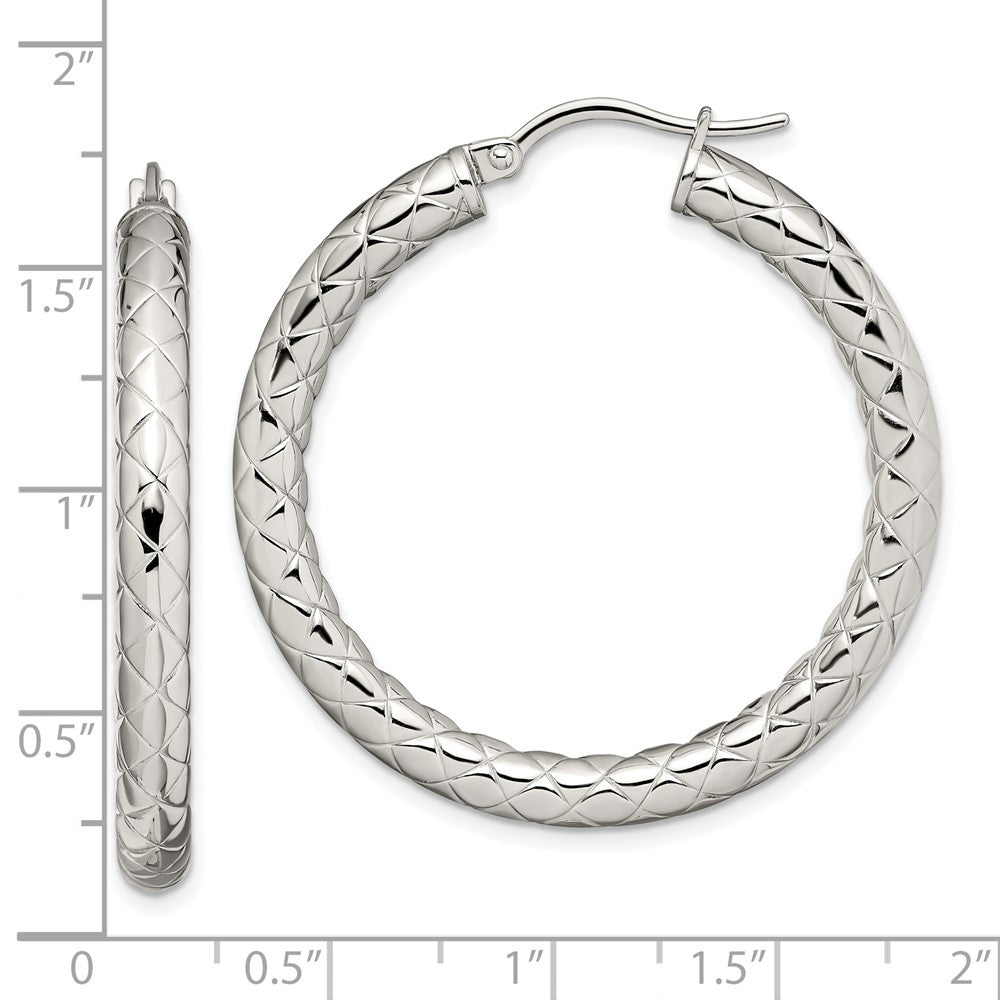 Stainless Steel Chisel Polished And Textured 30mm Diameter Hollow Hoop Earrings