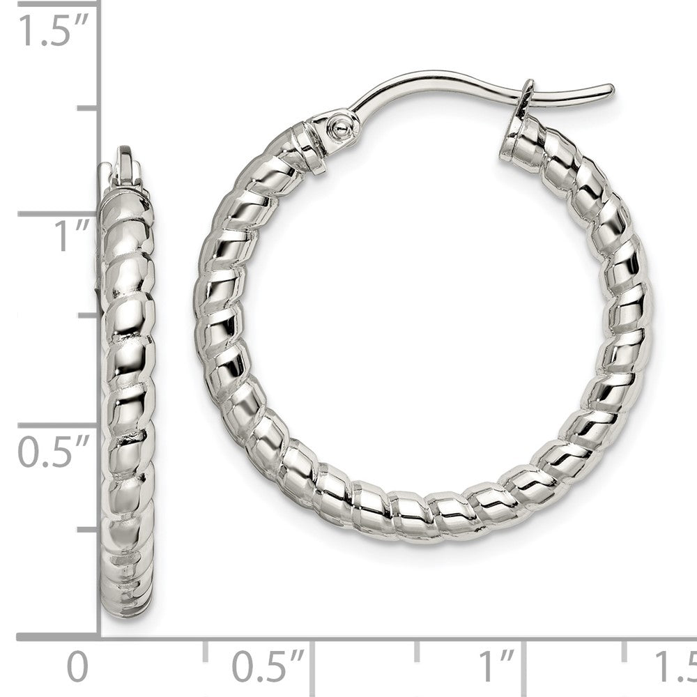 Stainless Steel Chisel Polished And Textured 20mm Diameter Hollow Hoop Earrings