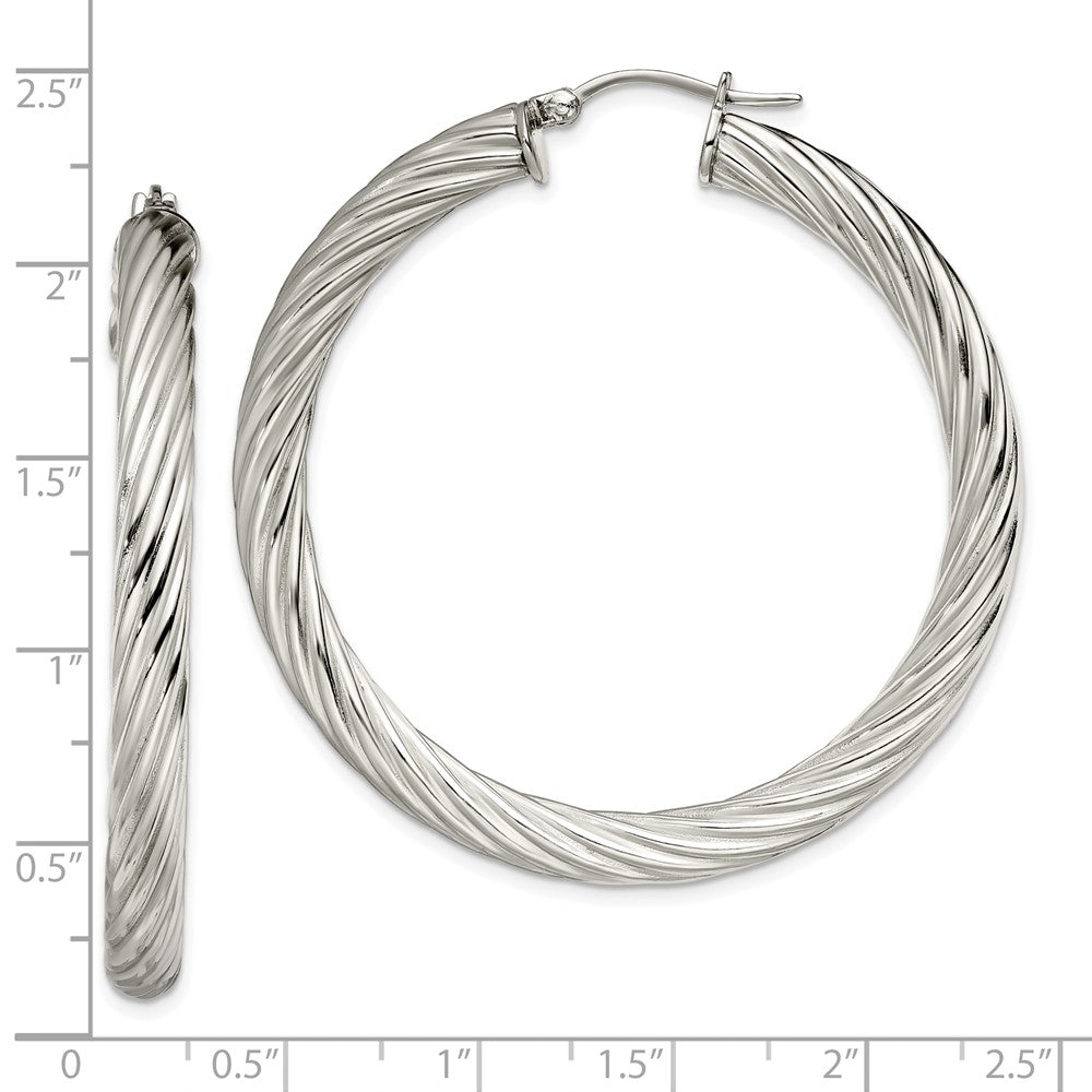 Stainless Steel Chisel Polished And Textured Hollow Hoop Earrings