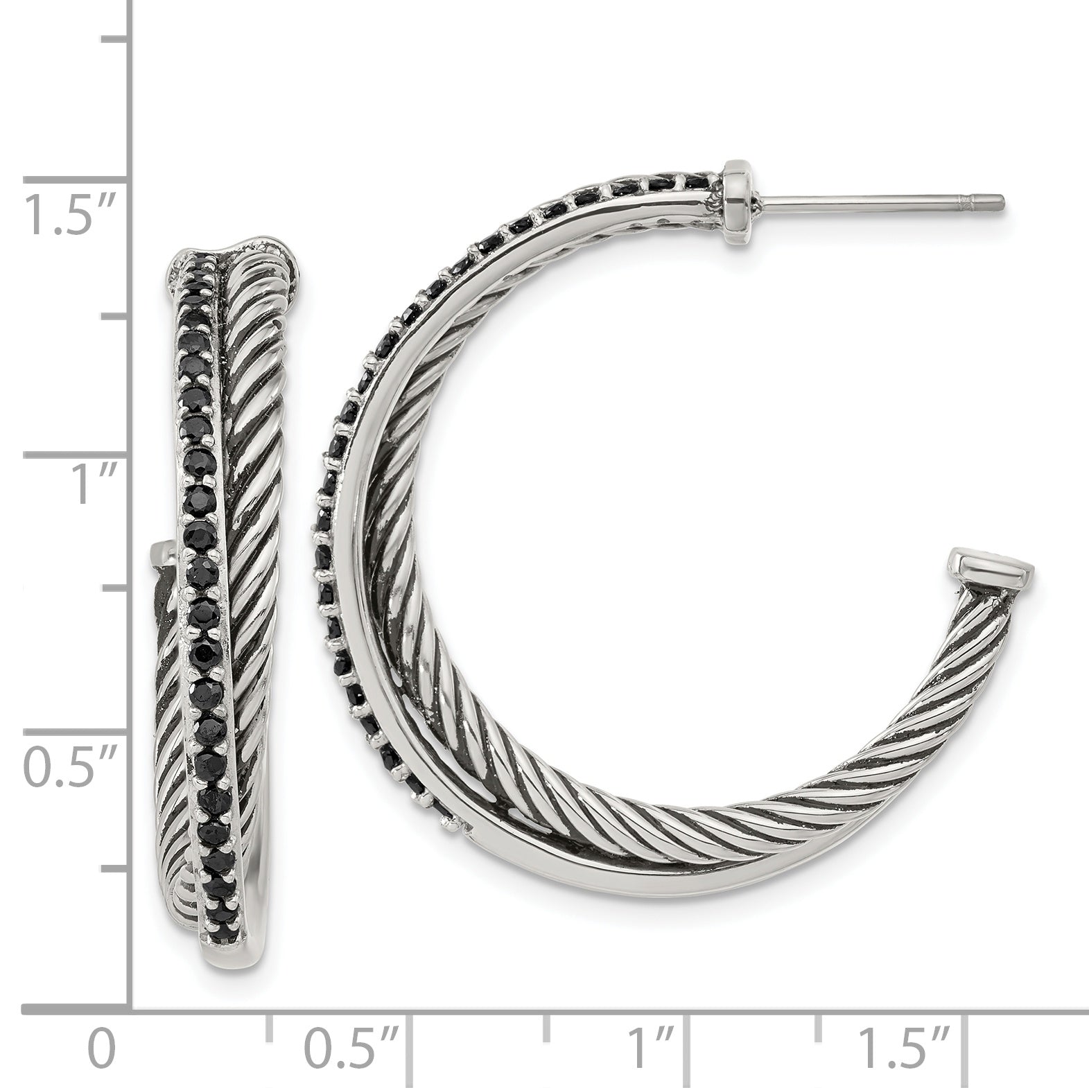 Stainless Steel Polished & Antiqued Twisted Black Cz Post Hoop Earrings