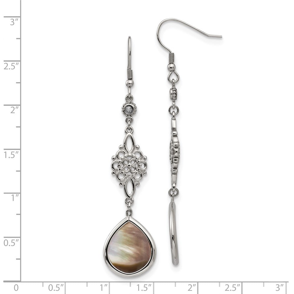 Stainless Steel Chisel Polished Black Mother Of Pearl And Cz Dangle Shepherd Hook Earrings