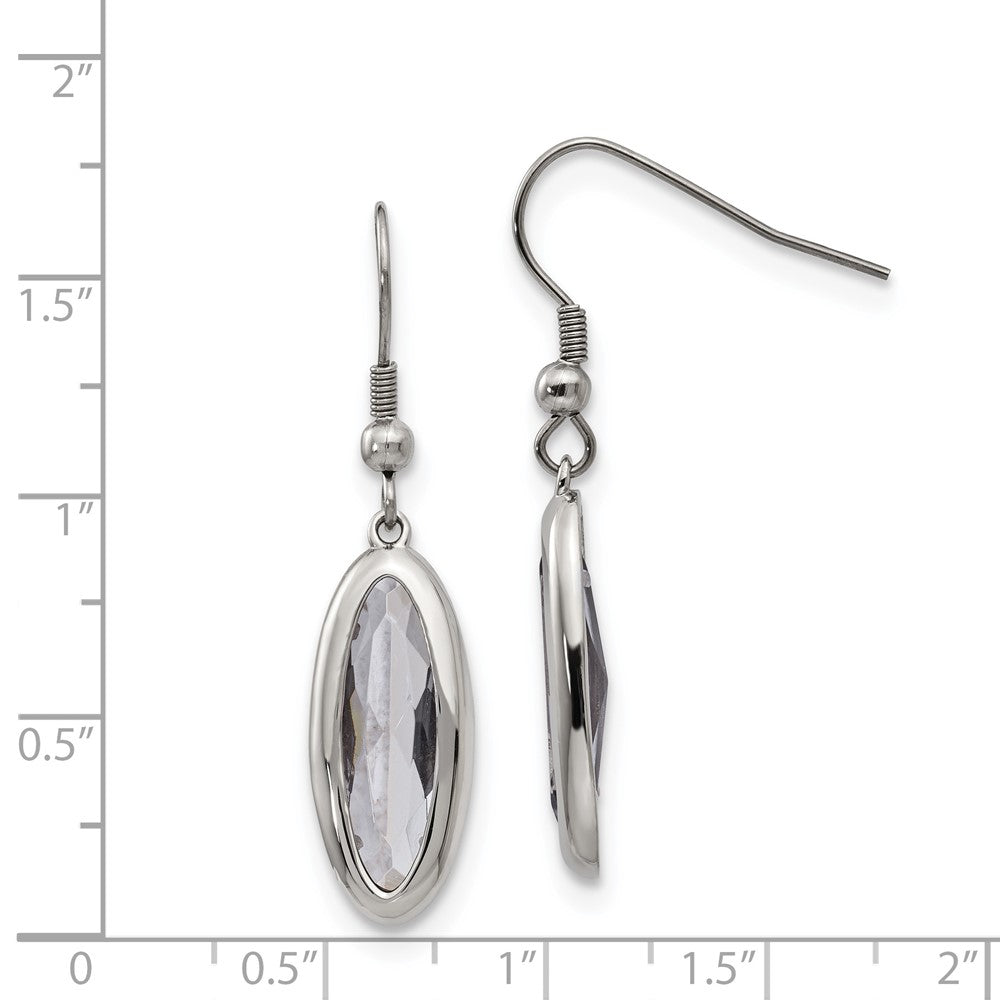 Stainless Steel Chisel Polished Grey Glass Oval Dangle Shepherd Hook Earrings