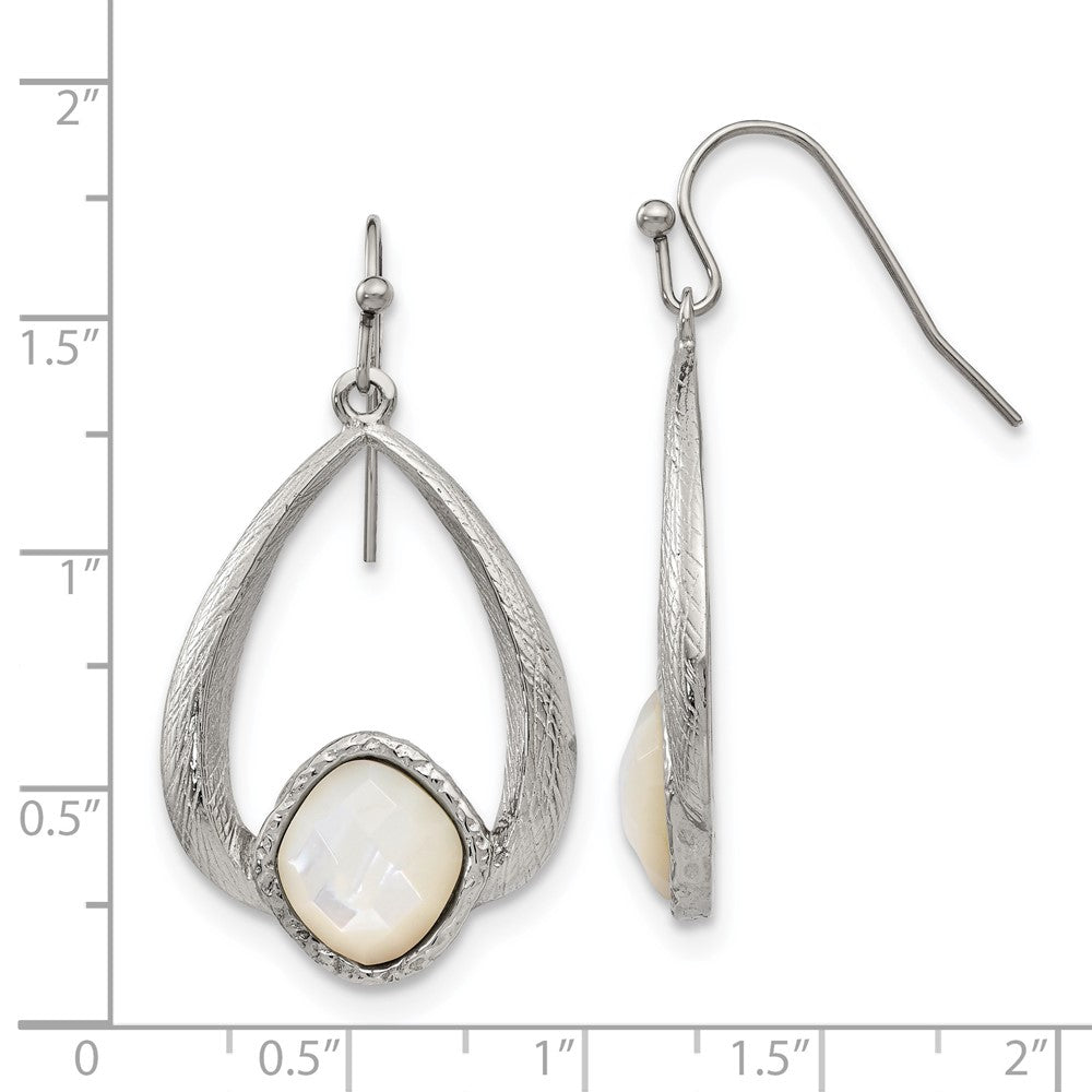 Stainless Steel Chisel Polished And Textured Mother Of Pearl Dangle Shepherd Hook Earrings