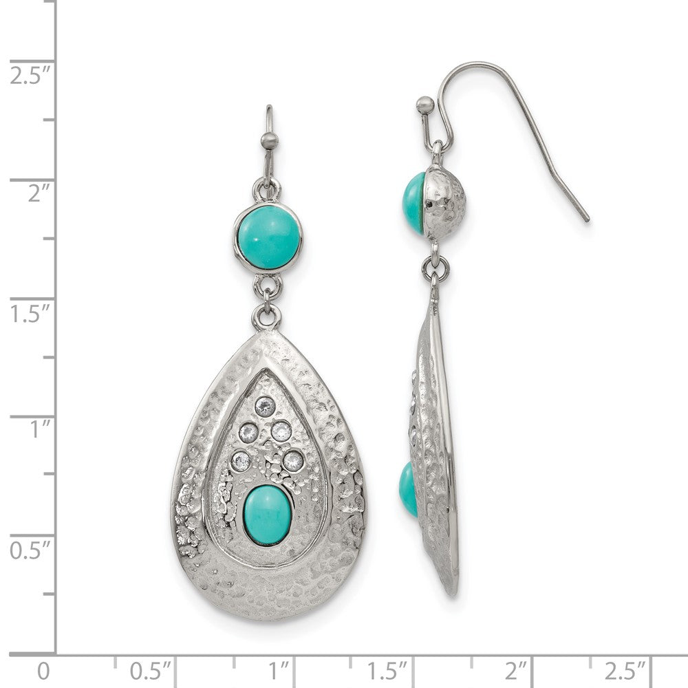 Stainless Steel Chisel Polished Hammered With Imitation Turquoise And Cz Dangle Shepherd Hook Earrings