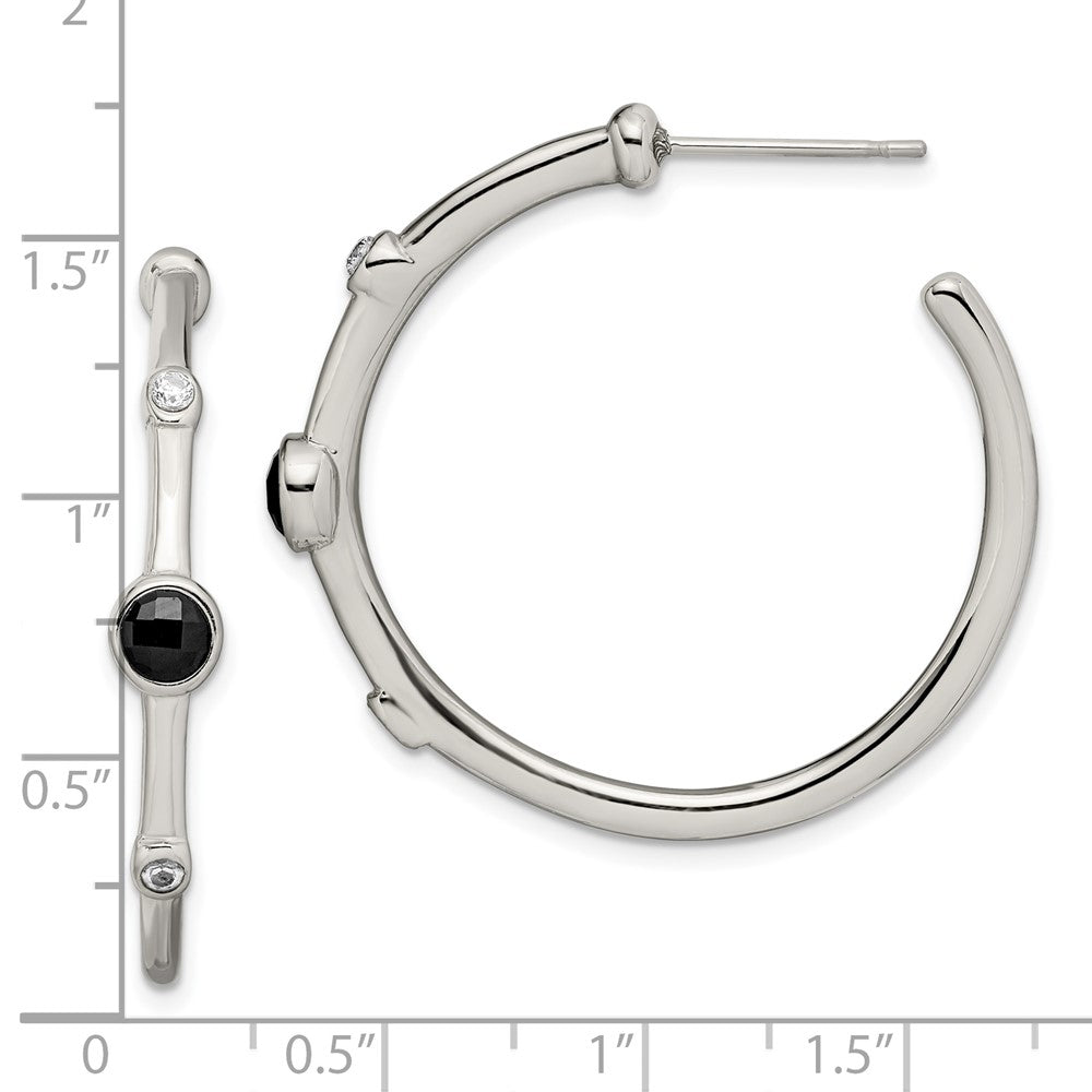Stainless Steel Chisel Polished With Black Onyx And Cz Post Hoop Earrings