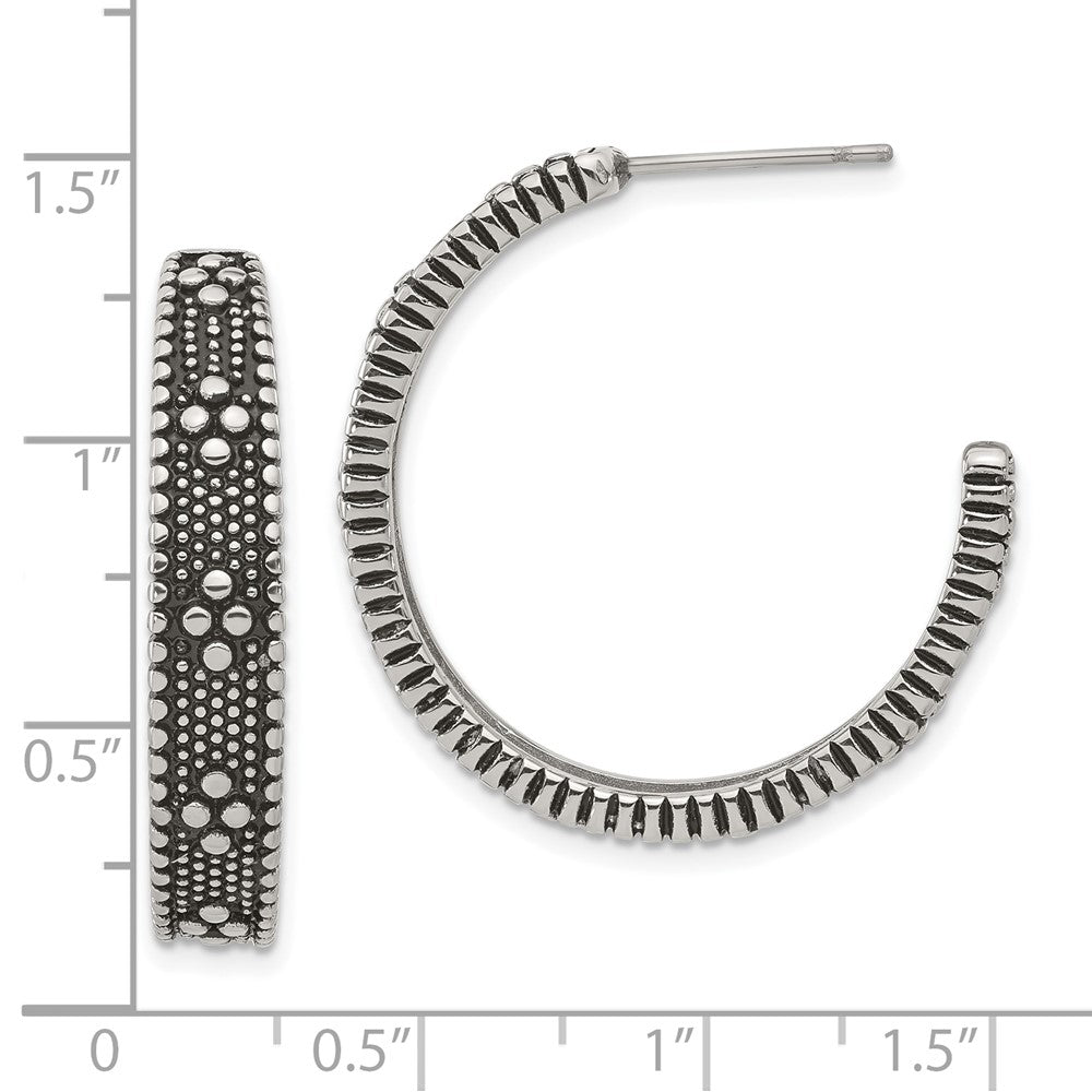 Stainless Steel Polished And Antiqued Post Round Hoop Earrings