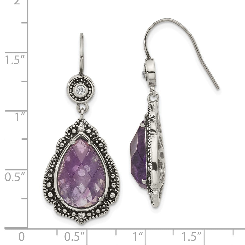 Stainless Steel Polished & Antiqued Purple Clear Cz Dangle Earrings