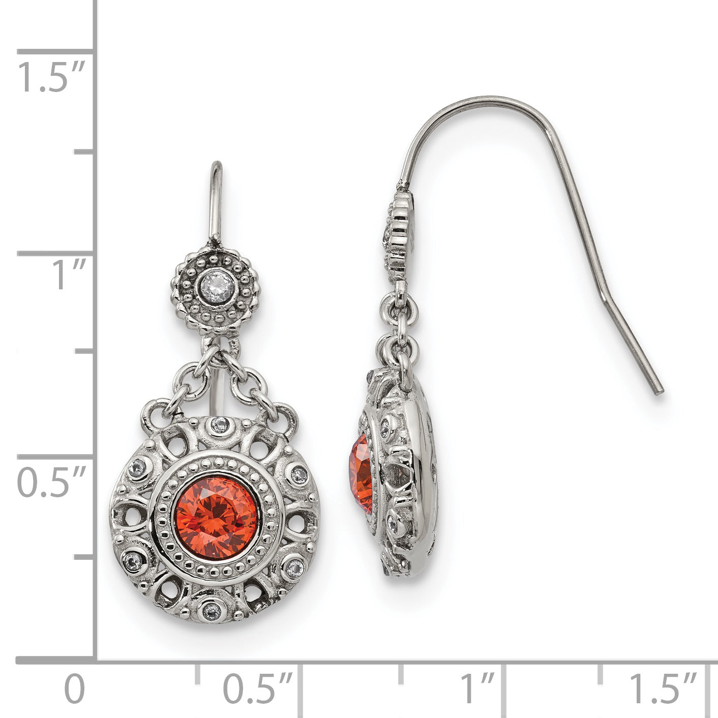 Stainless Steel Chisel Polished Red And Clear Cz Circle Dangle Shepherd Hook Earrings