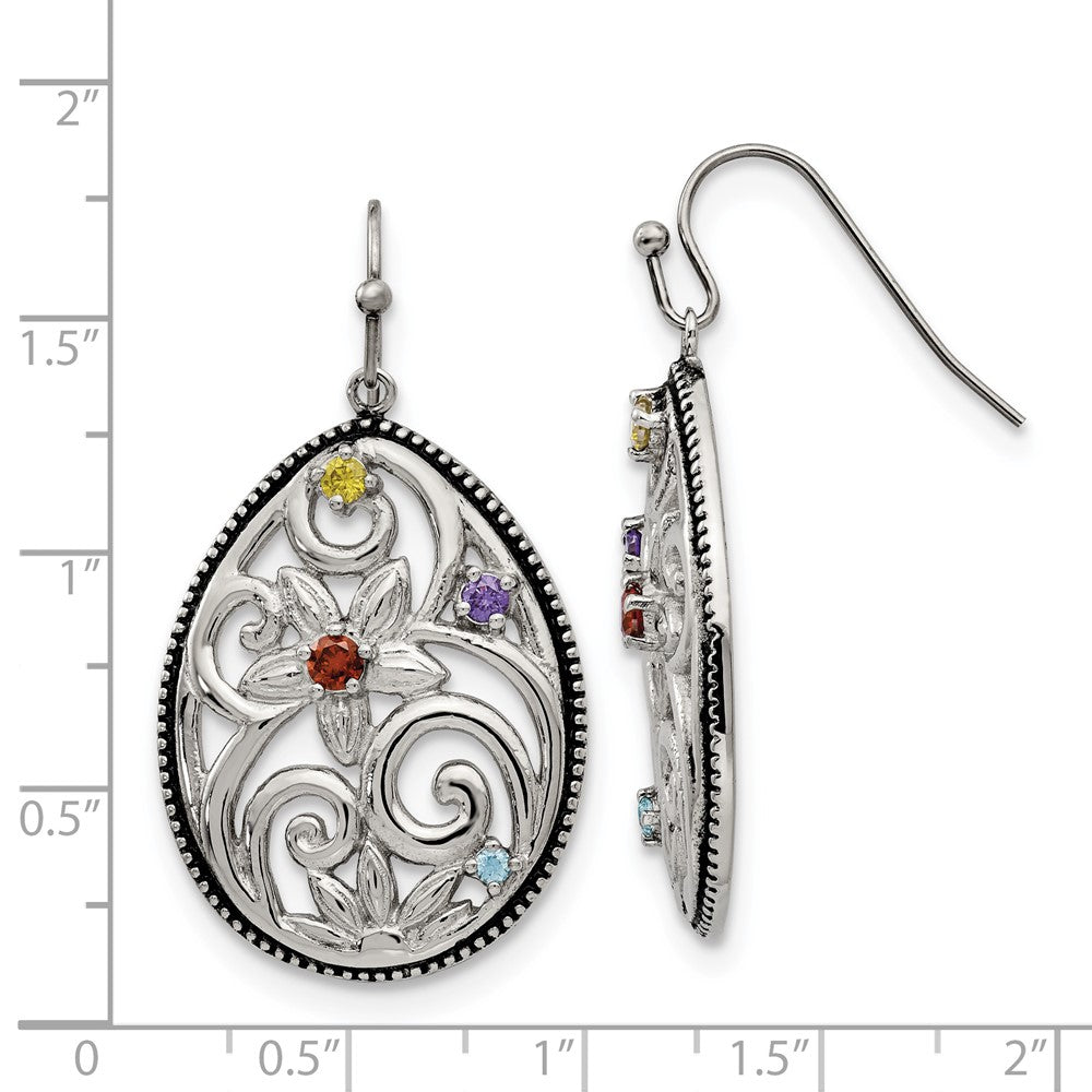 Stainless Steel Chisel Antiqued And Polished With Multicolor Cz Dangle Shepherd Hook Earrings