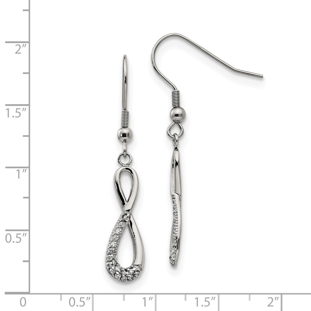 Stainless Steel Chisel Polished With Cz Infinity Dangle Shepherd Hook Earrings
