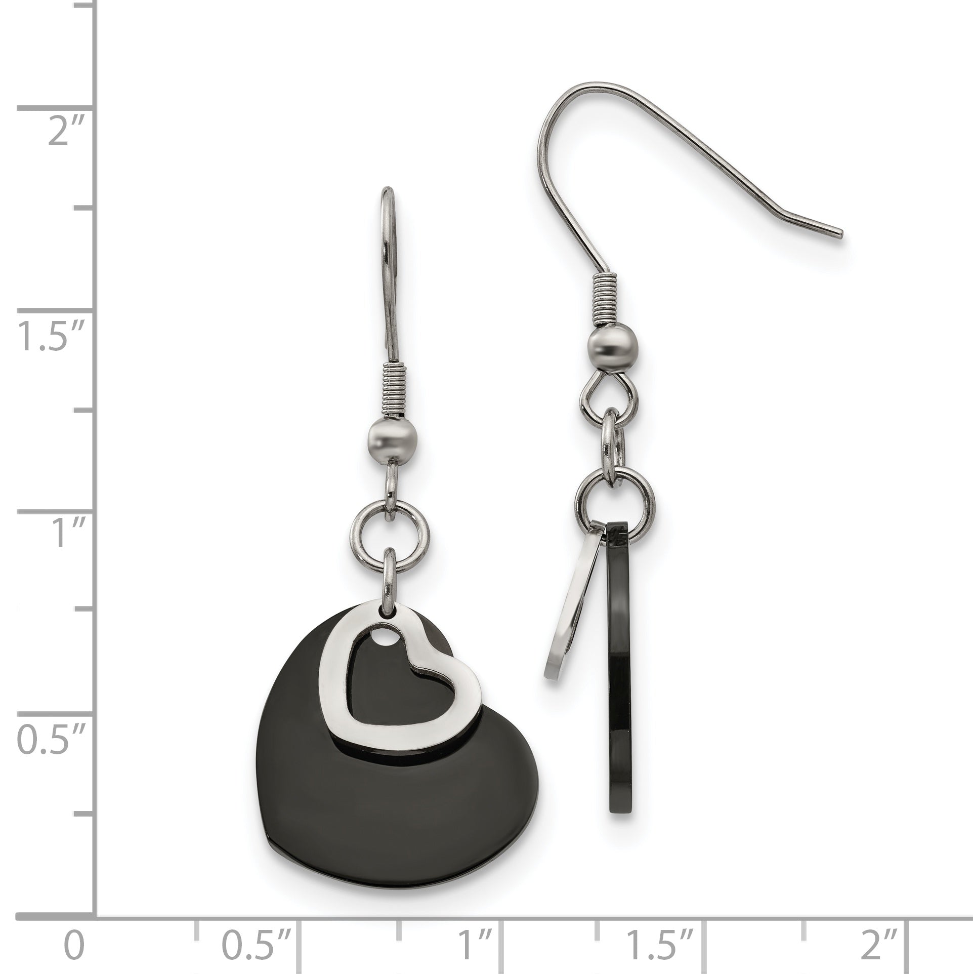 Stainless Steel Chisel Polished Black Ip-Plated Heart Dangle Earrings