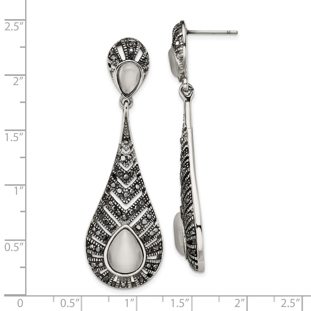 Stainless Steel Polished Marcasite Cat'S Eye Post Dangle Earrings