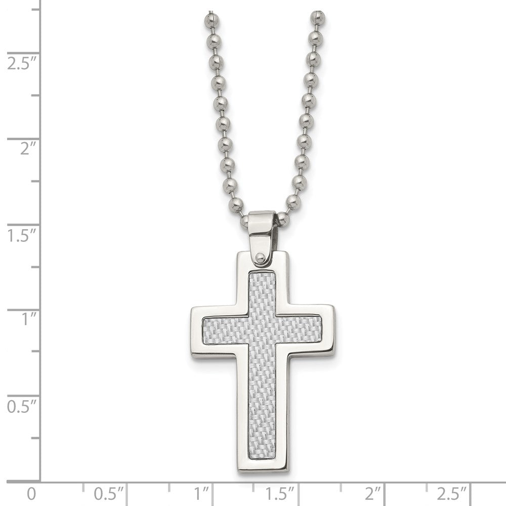 Stainless Steel Chisel Polished With Grey Carbon Fiber Inlay Cross Pendant On A 22 Inch Ball Chain Necklace
