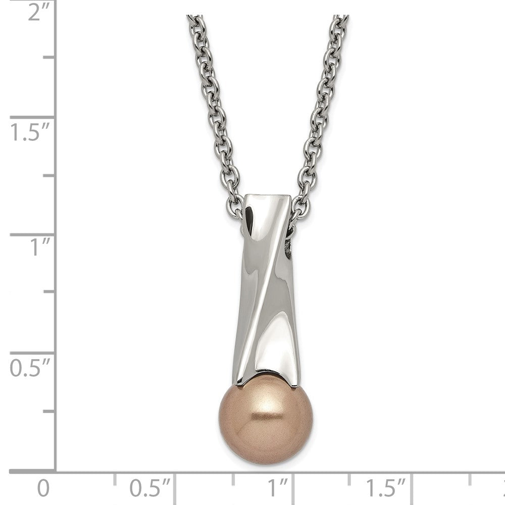 Stainless Steel Polished Champagne Simulated Pearl & Cz Pendant Necklace
