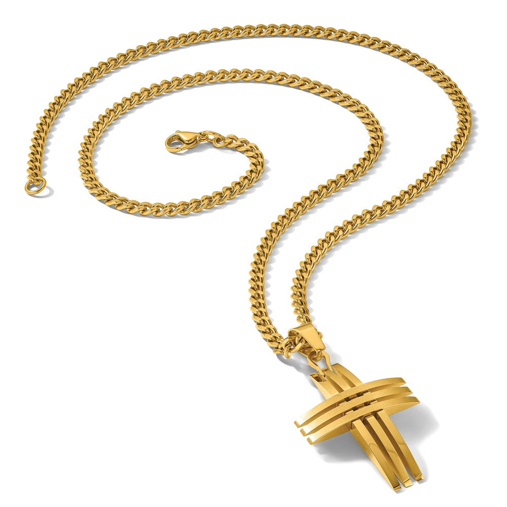 Stainless Steel Chisel Brushed And Polished Yellow Ip-Plated Cross Pendant On A 24 Inch Curb Chain Necklace
