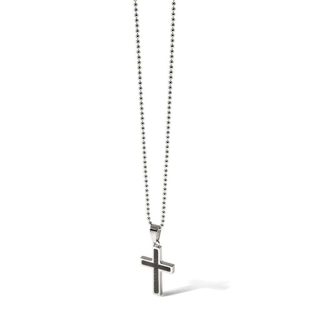 Stainless Steel Chisel Polished With Black Carbon Fiber Inlay Cross Pendant On A 22 Inch Ball Chain Necklace