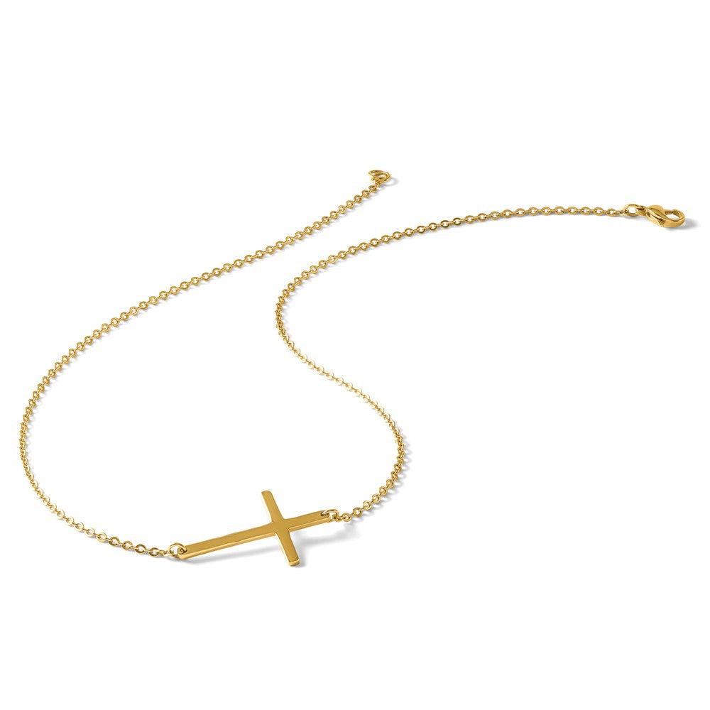 Stainless Steel Chisel Polished Yellow Ip-Plated Sideways Cross On An 18 Inch Cable Chain Necklace