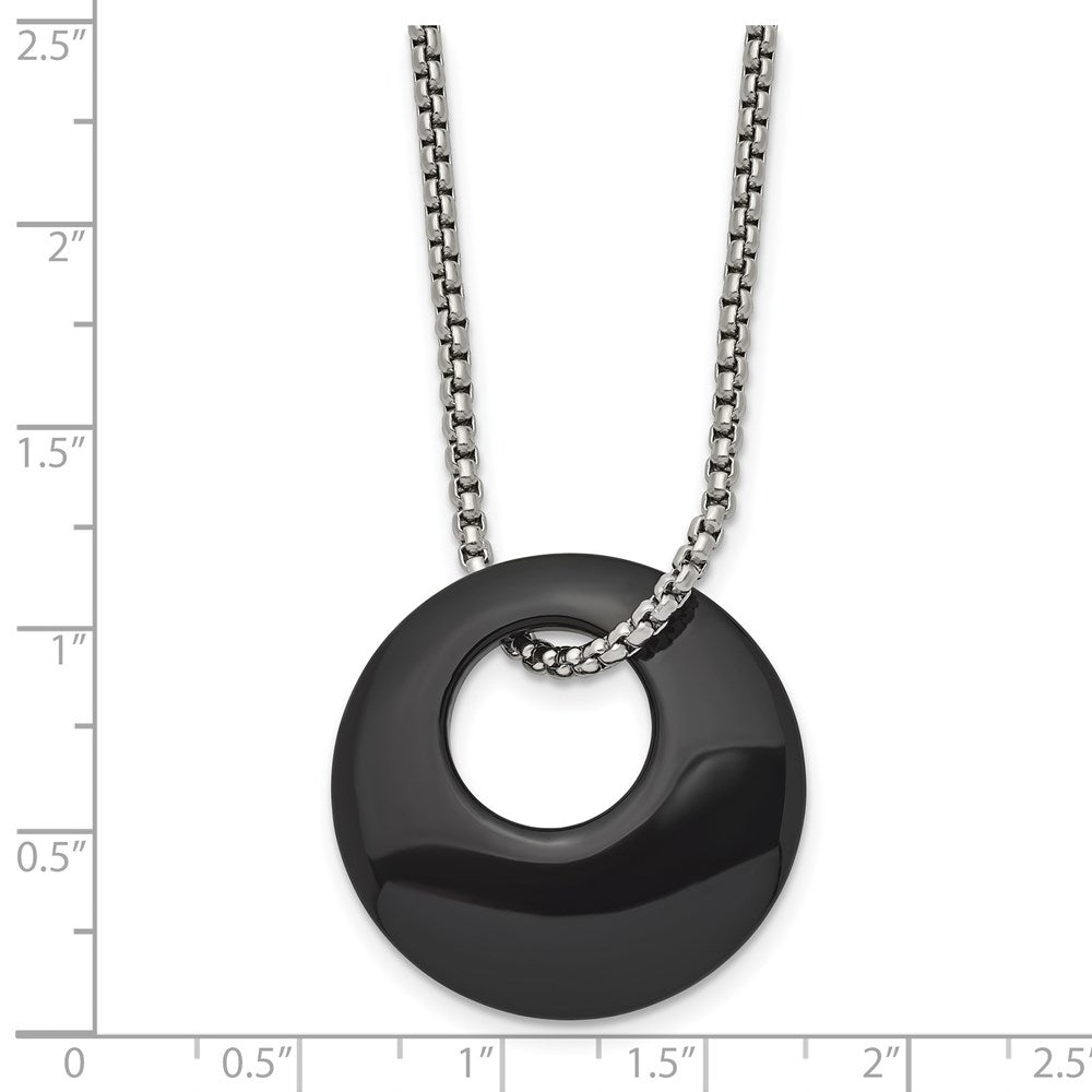 Stainless Steel Chisel Polished Black Onyx Circle Pendant On An 18 Inch Box Chain Necklace