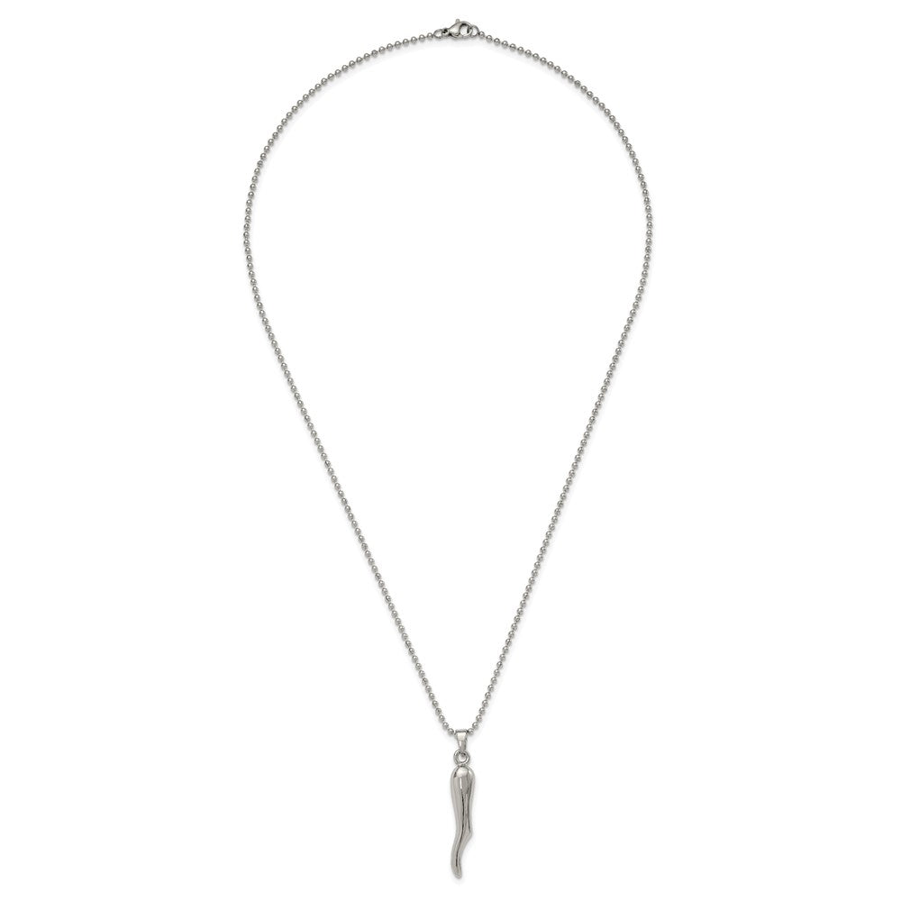 Stainless Steel Chisel Polished Italian Horn Pendant On A 22 Inch Ball Chain Necklace