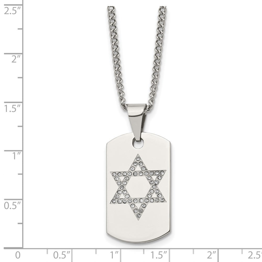 Stainless Steel Chisel Polished With Cz Star Of David Dog Tag On A 22 Inch Curb Chain Necklace