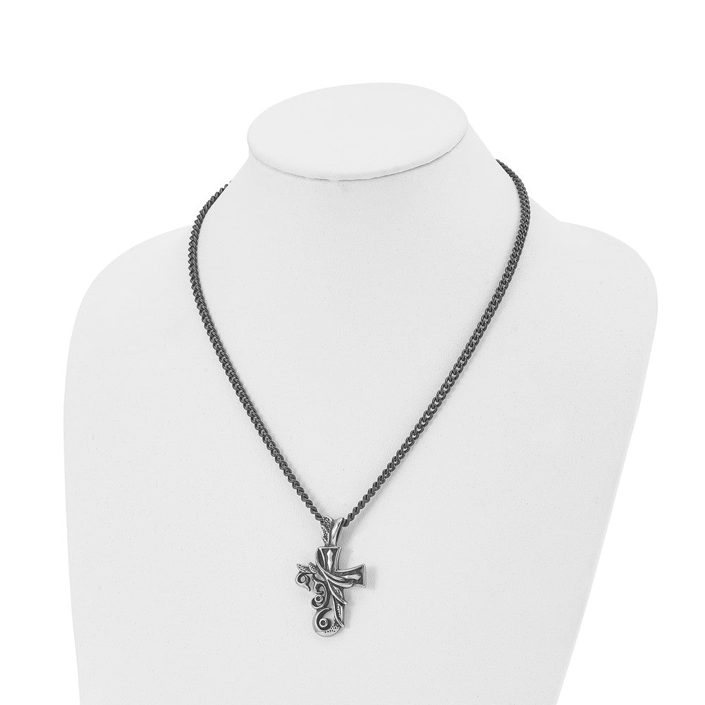 Stainless Steel Chisel Antiqued And Polished Fancy Cross Pendnat On A 20 Inch Curb Chain Necklace