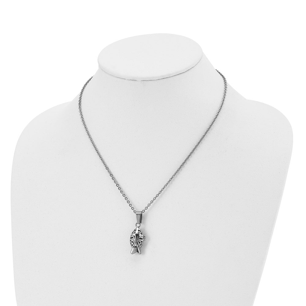 Stainless Steel Chisel Polished And Antiqued Magnetic Fish Prayer Box On An 18 Inch Cable Chain Necklace