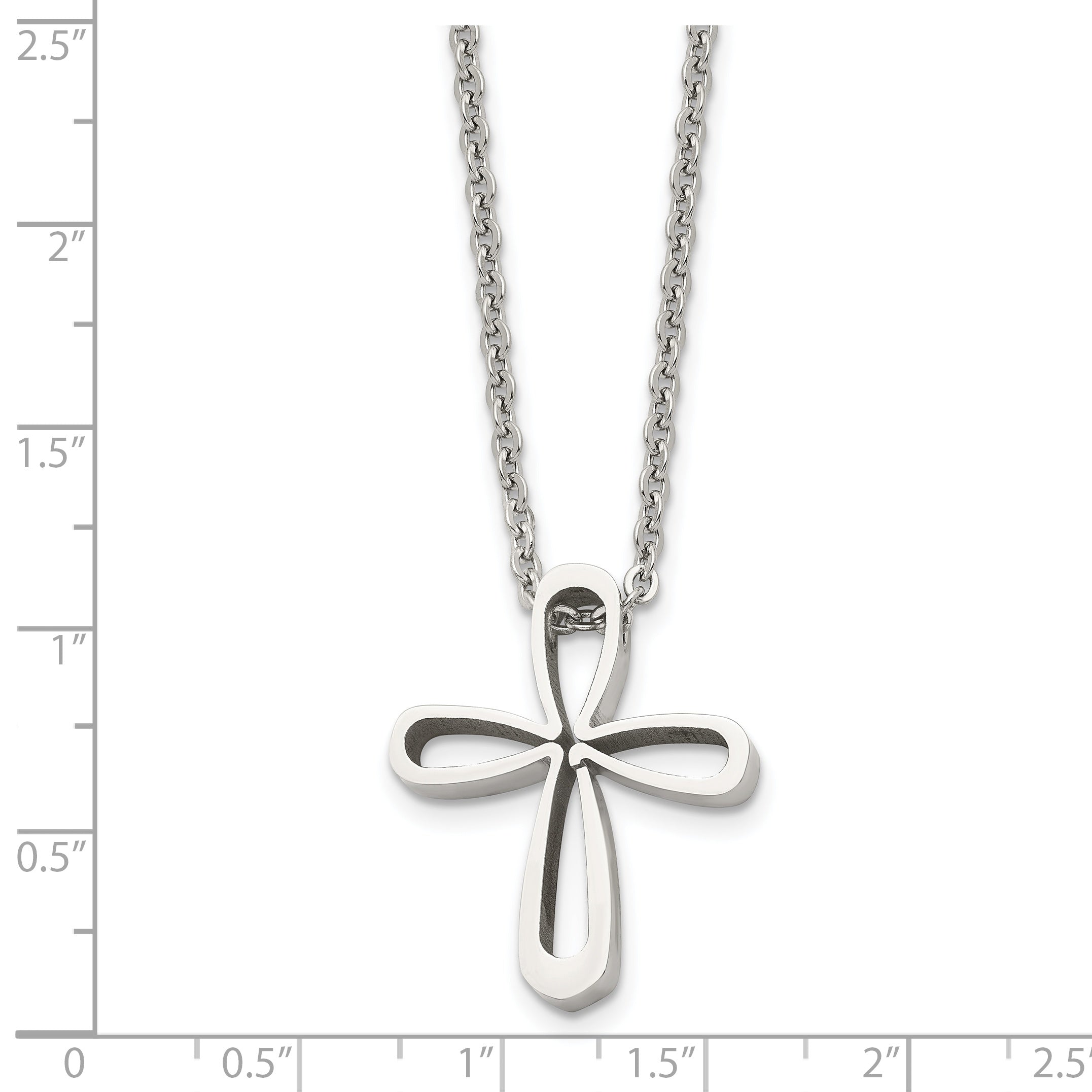 Stainless Steel Chisel Polished Open Cross Pendant On An 18 Inch Cable Chain Necklace