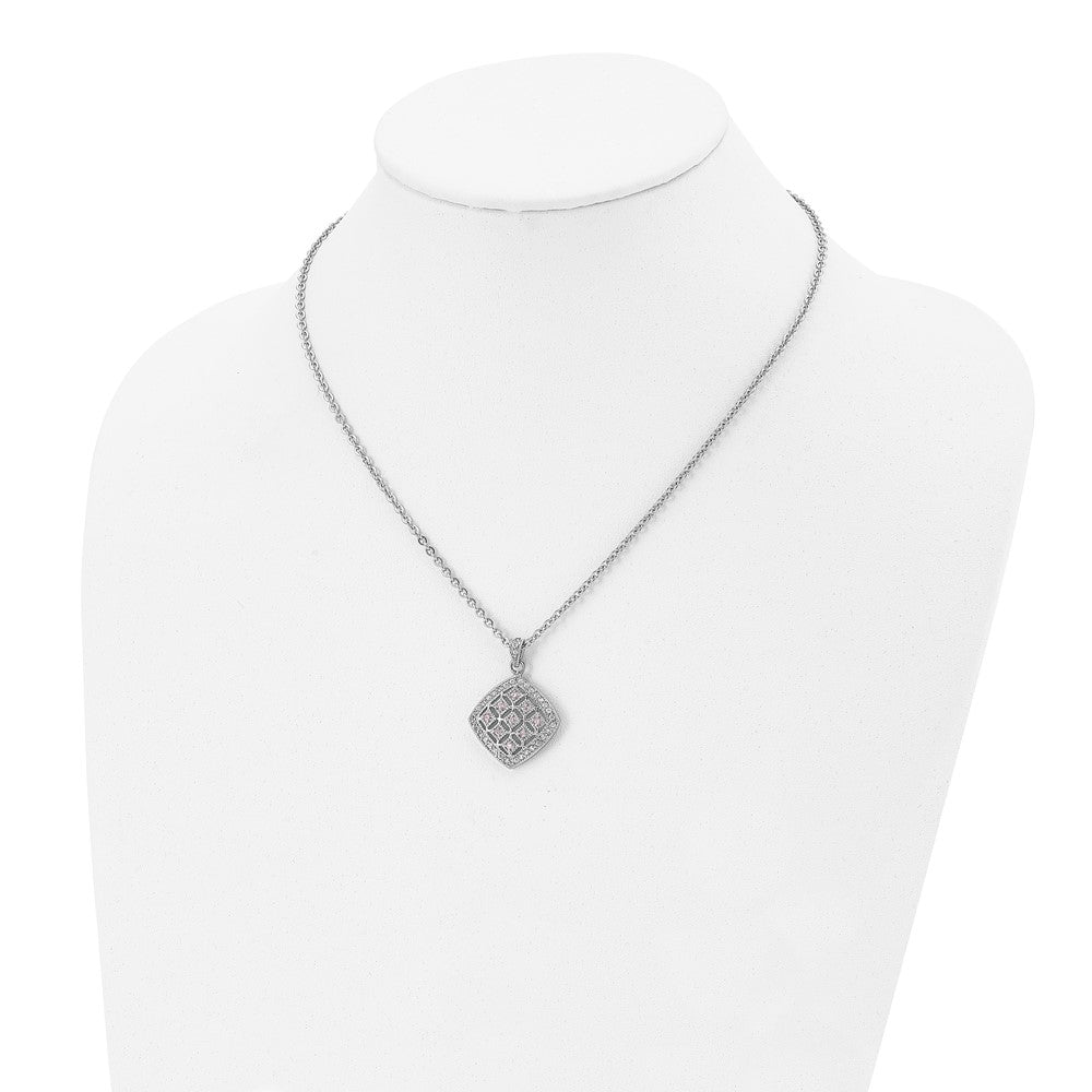 Stainless Steel Chisel Polished Clear And Pink Cz Square Pendant On A 18 Inch Cable Chain Necklace