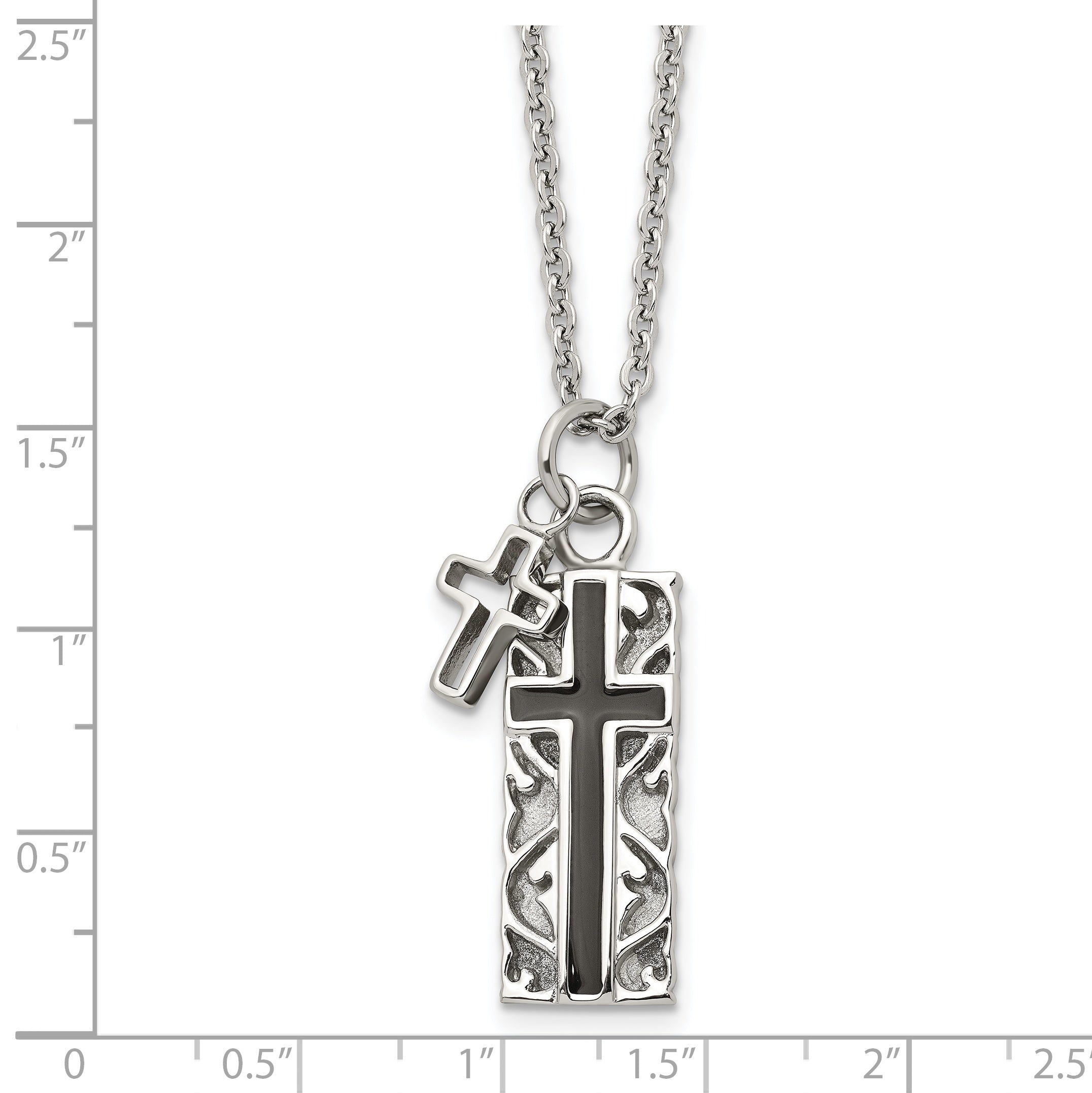 Stainless Steel Chisel Polished Black Ip-Plated 2 Piece Cross Pendant On A 20 Inch Cable Chain Necklace