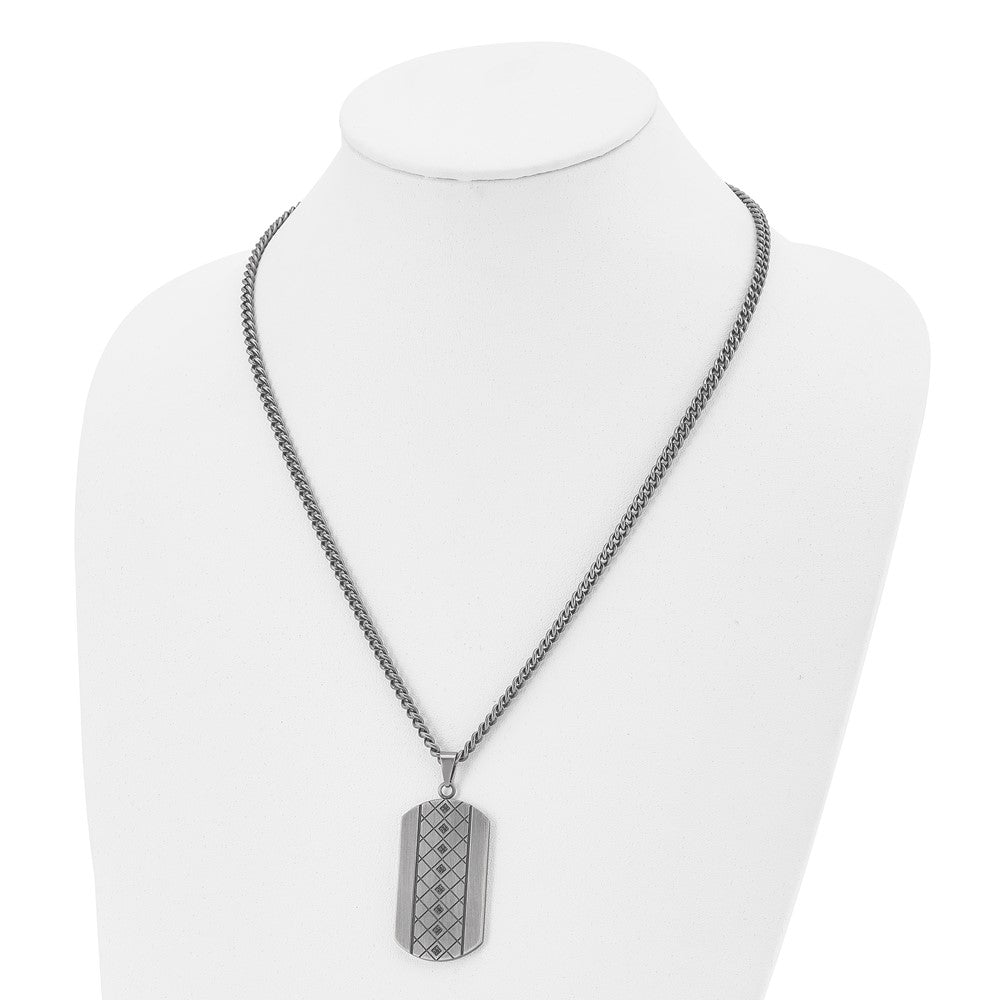 Stainless Steel Chisel Brushed And Textured With Black Cz Dog Tag On A 22 Inch Curb Chain Necklace