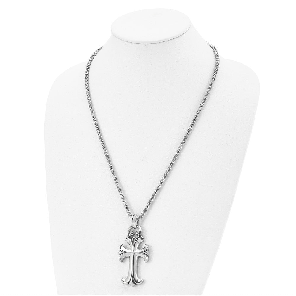 Stainless Steel Chisel Antiqued And Polished Cross Pendant On A 24 Inch Spiga Chain Necklace